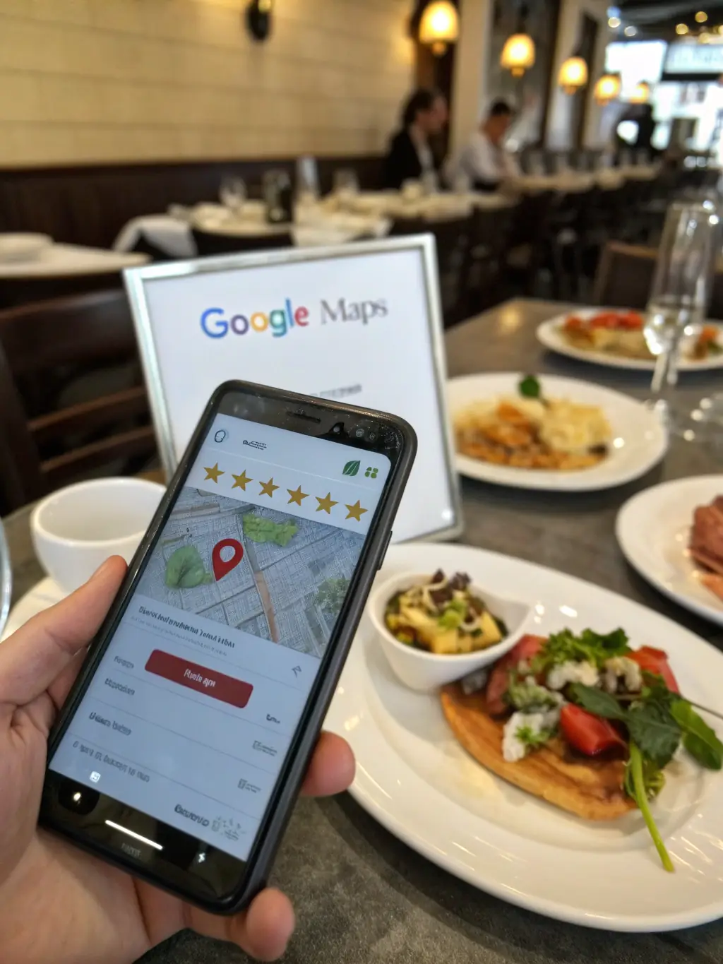A close-up shot of the Google Review Stand showcasing its sleek design and user-friendly interface, placed on a modern restaurant table.