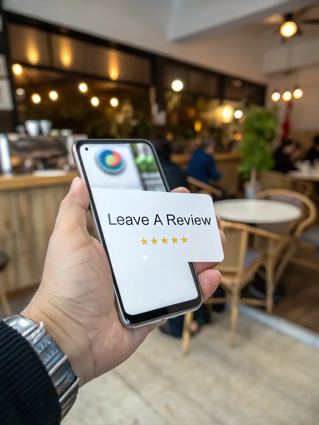 An image of a customer tapping their phone on the Google Review Stand, illustrating the ease of use and quick access to the review platform.